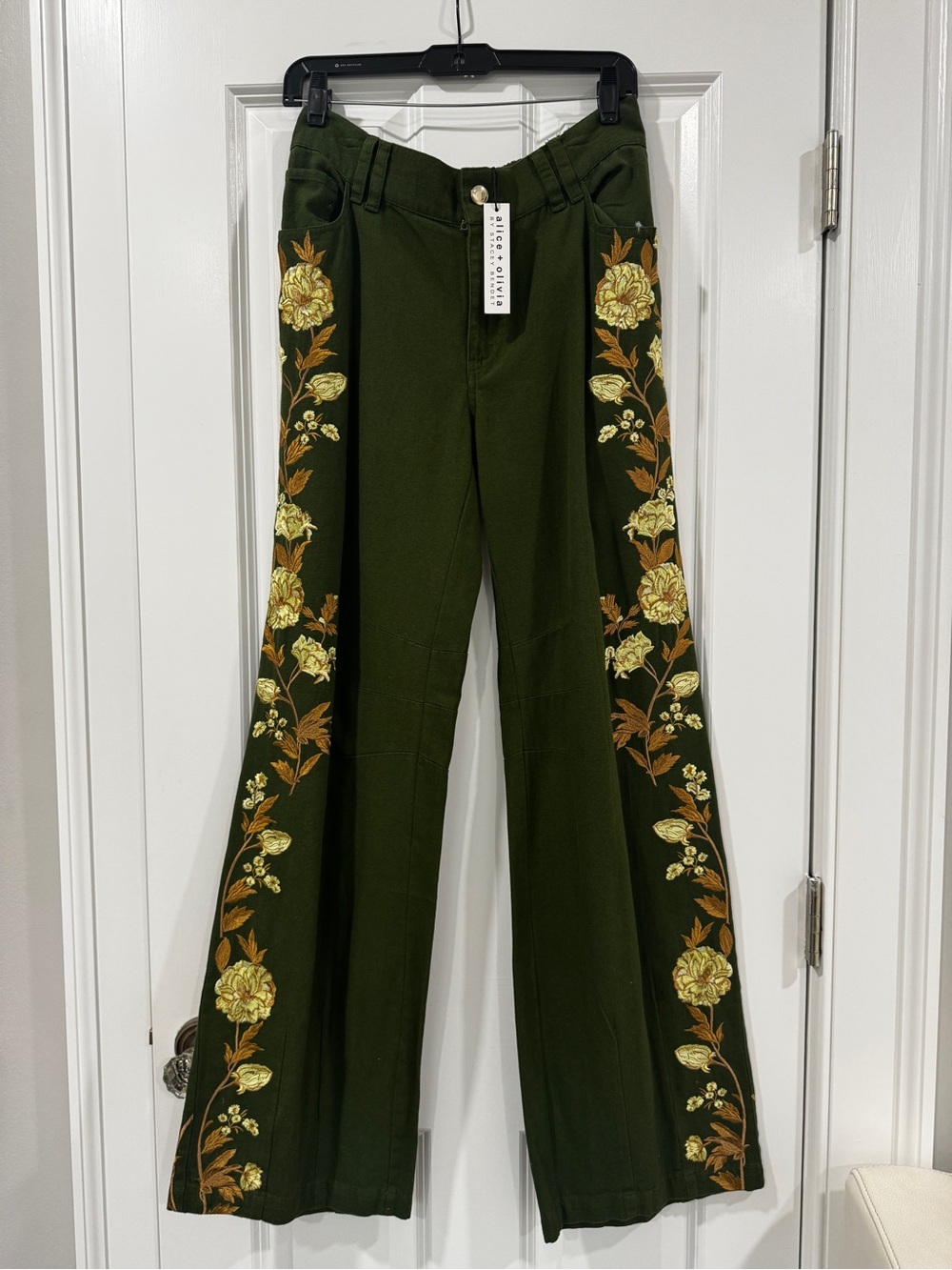 Alice + Olivia Olive Green Wide-Leg Jeans with Yellow Floral Embroidery